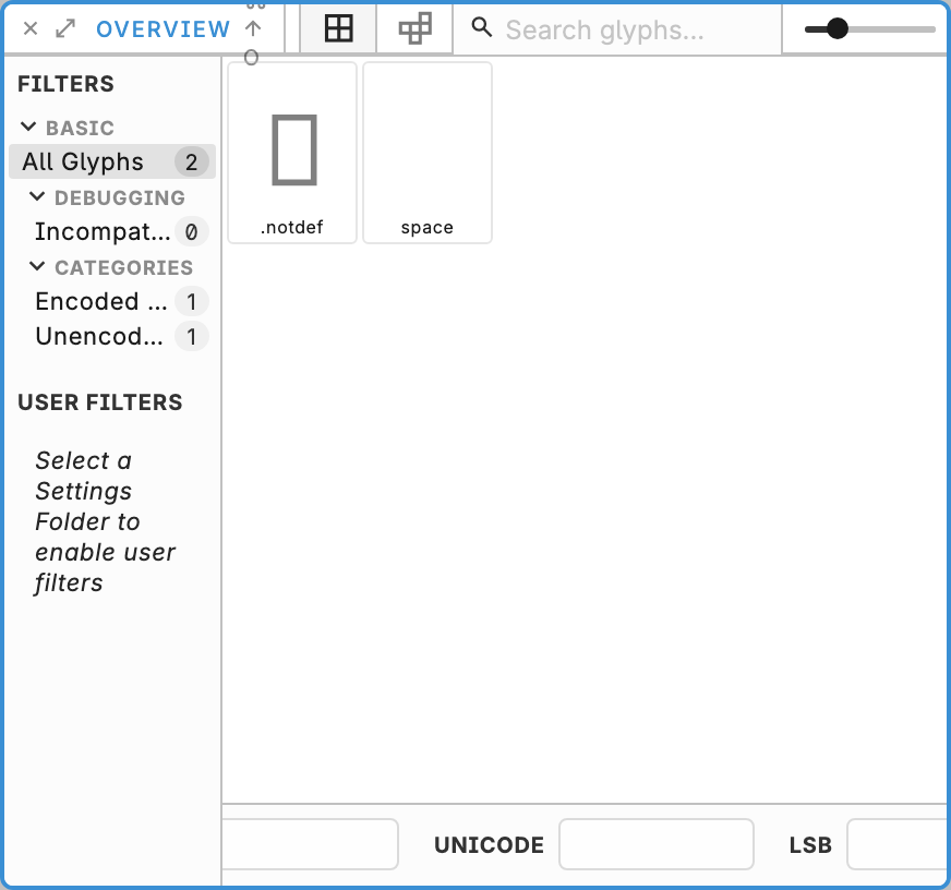 Glyph Overview grid with search